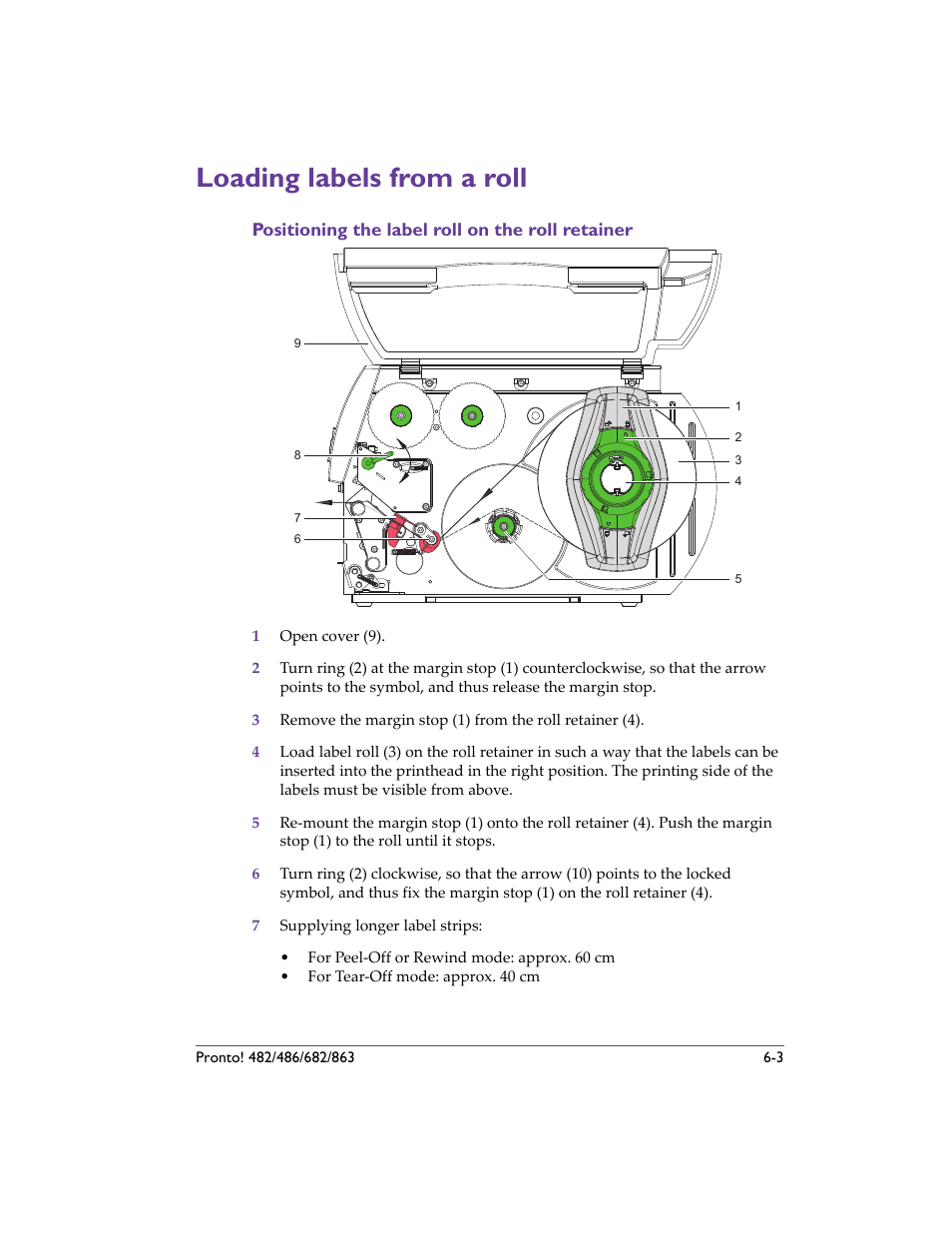 Loading labels from a roll, Positioning the label roll on the roll retainer, Loading labels from a roll -3 | Positioning the label roll on the roll retainer -3, Loading labels from a roll - des | QuickLabel 482 Pronto! User Manual | Page 77 / 256