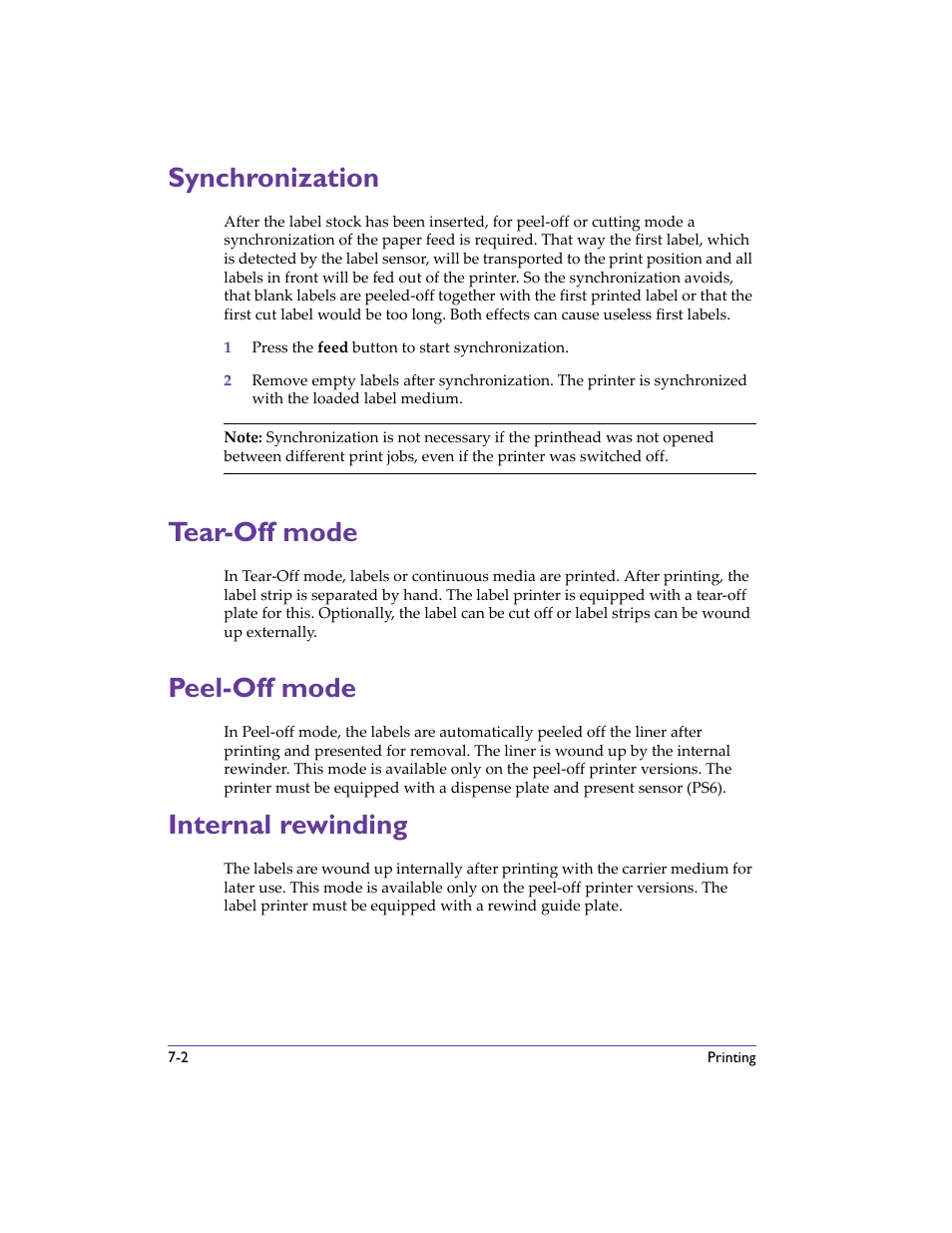 Synchronization, Tear-off mode, Peel-off mode | Internal rewinding, Peel-off mode - d | QuickLabel 482 Pronto! User Manual | Page 90 / 256