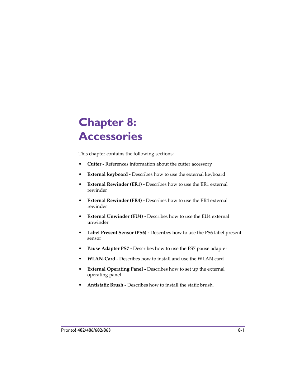 Chapter 8: accessories, Chapter 8: accessories -1 | QuickLabel 482 Pronto! User Manual | Page 91 / 256