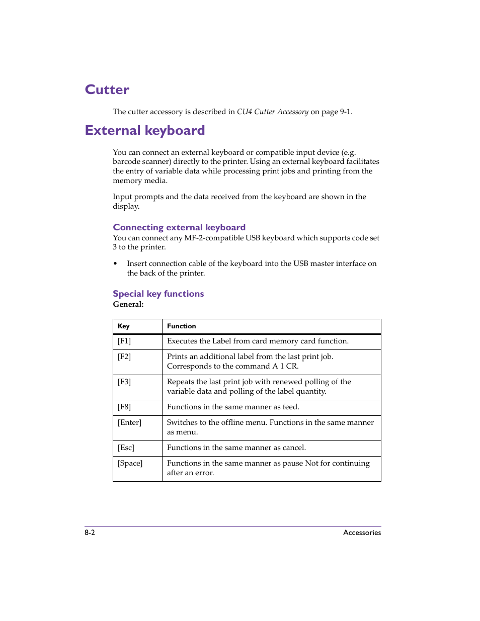 Cutter, External keyboard, Connecting external keyboard | Special key functions, Cutter -2 external keyboard -2, Cutter - reference, External keyboard - d | QuickLabel 482 Pronto! User Manual | Page 92 / 256