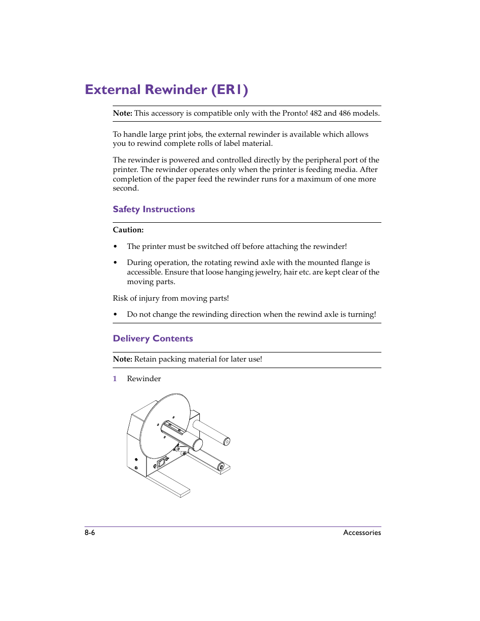 External rewinder (er1), Safety instructions, Delivery contents | External rewinder (er1) -6, Safety instructions -6 delivery contents -6, External rewinder (er1) - describes | QuickLabel 482 Pronto! User Manual | Page 96 / 256