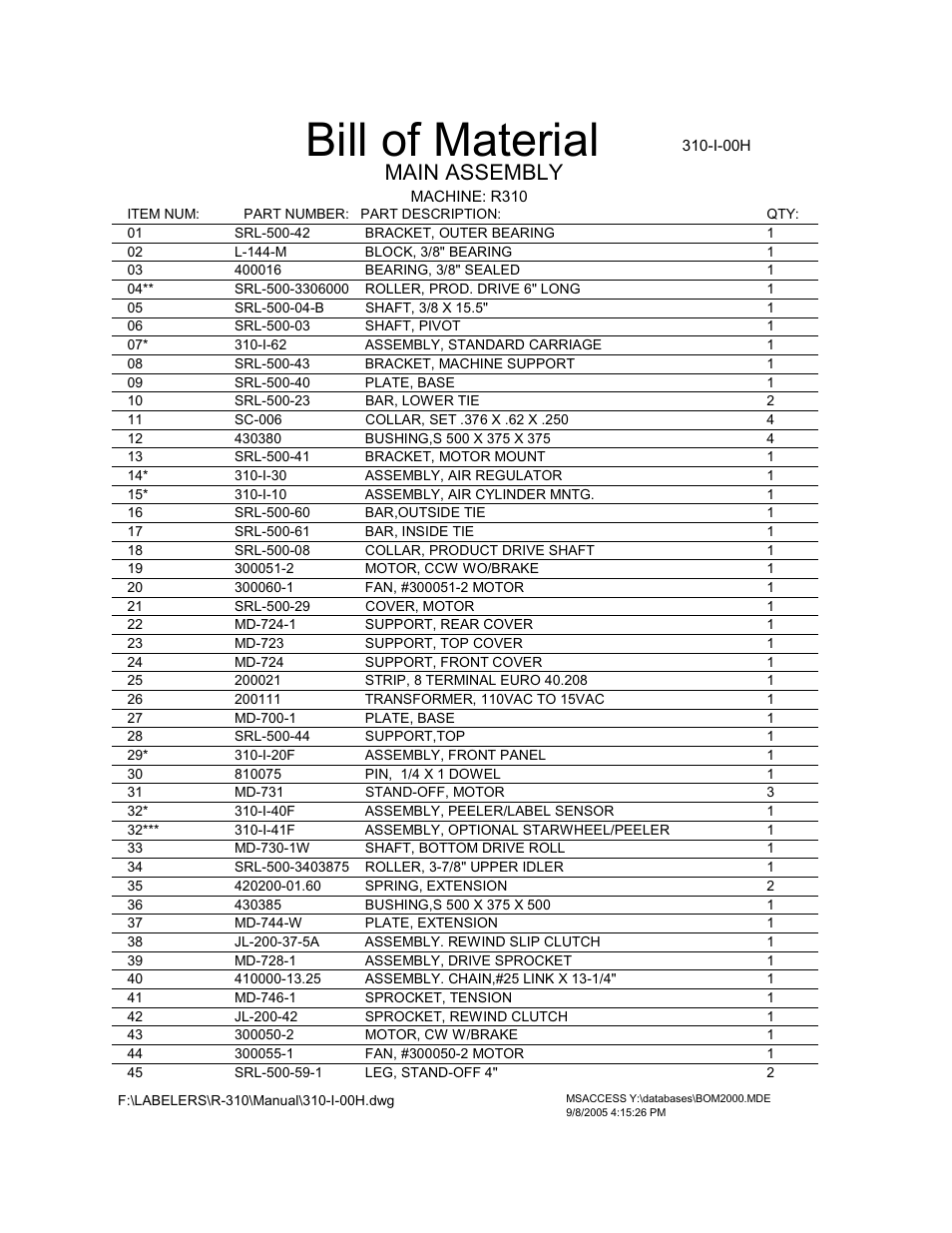 Bill of material, Main assembly, I-00h | QuickLabel R-310 QuickWrap User Manual | Page 29 / 53