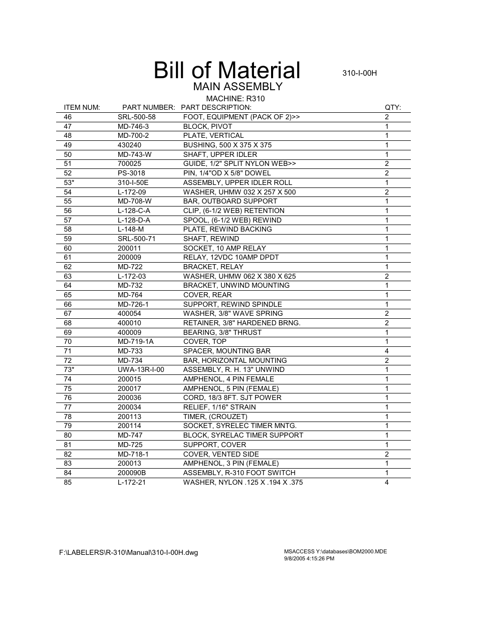 Bill of material, Main assembly, I-00h | QuickLabel R-310 QuickWrap User Manual | Page 30 / 53