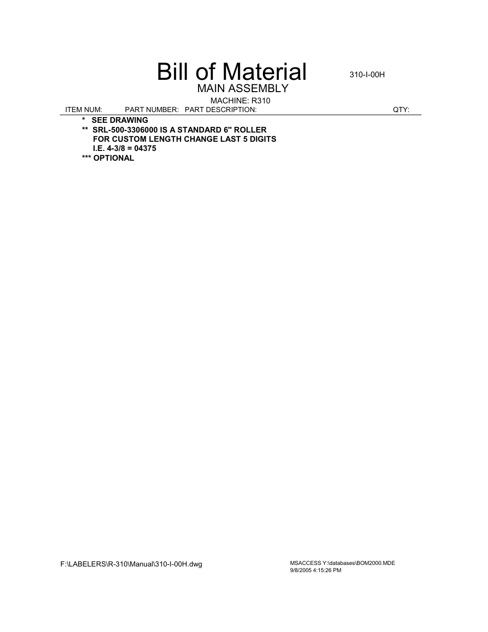 Bill of material | QuickLabel R-310 QuickWrap User Manual | Page 31 / 53