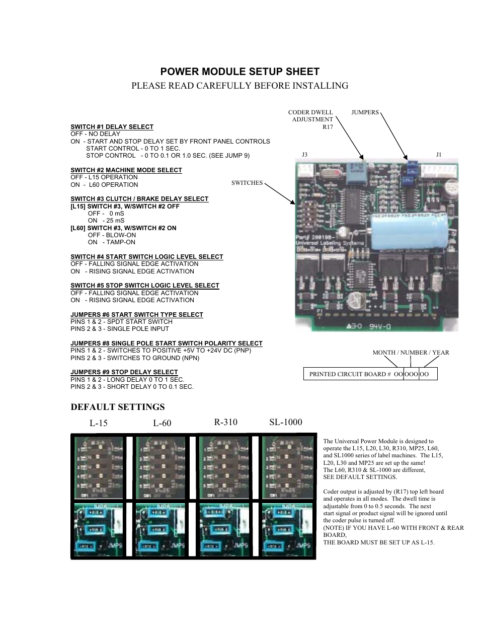 Power module setup sheet, Please read carefully before installing, Default settings l-15 l-60 | QuickLabel R-310 QuickWrap User Manual | Page 49 / 53