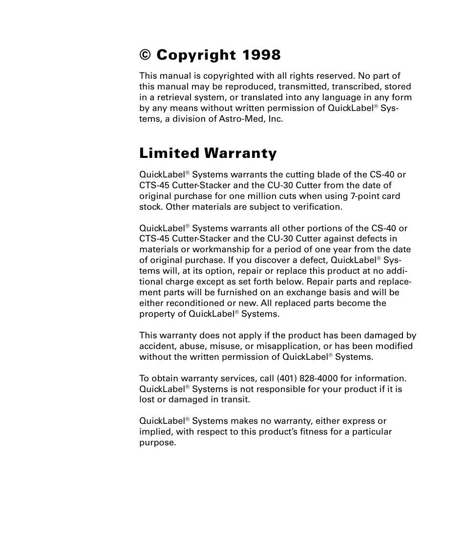 Copyright 1998, Limited warranty | QuickLabel CU-30 User Manual | Page 2 / 31