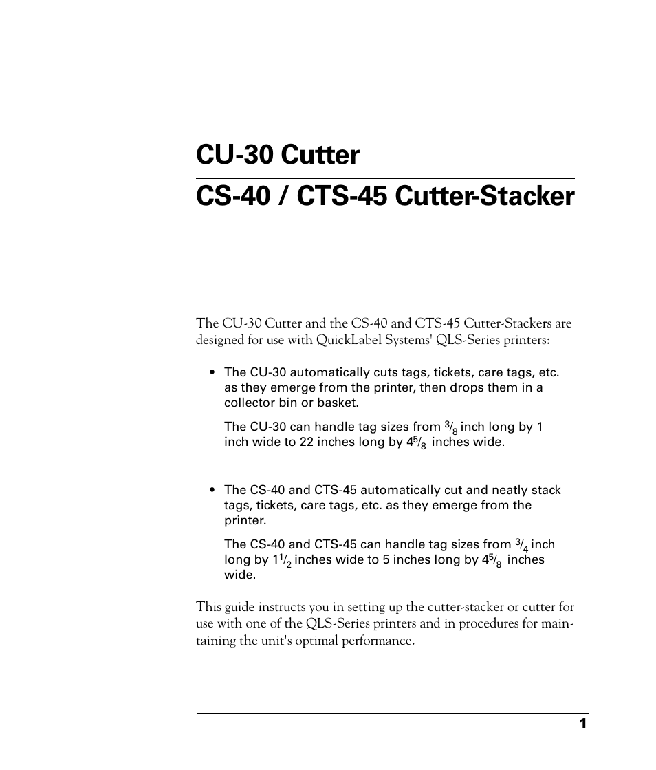 Cu-30 cutter and, Cs-40 / cts-45 cutter-stacker, Cu-30 c | Utter, Cs-40 / cts-45 c, Tacker | QuickLabel CU-30 User Manual | Page 5 / 31