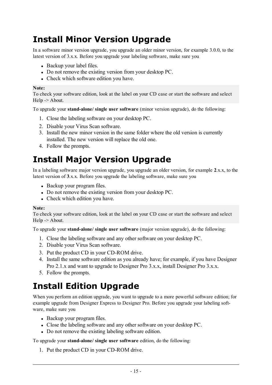 Install minor version upgrade, Install major version upgrade, Install edition upgrade | QuickLabel Designer Express User Manual | Page 15 / 93