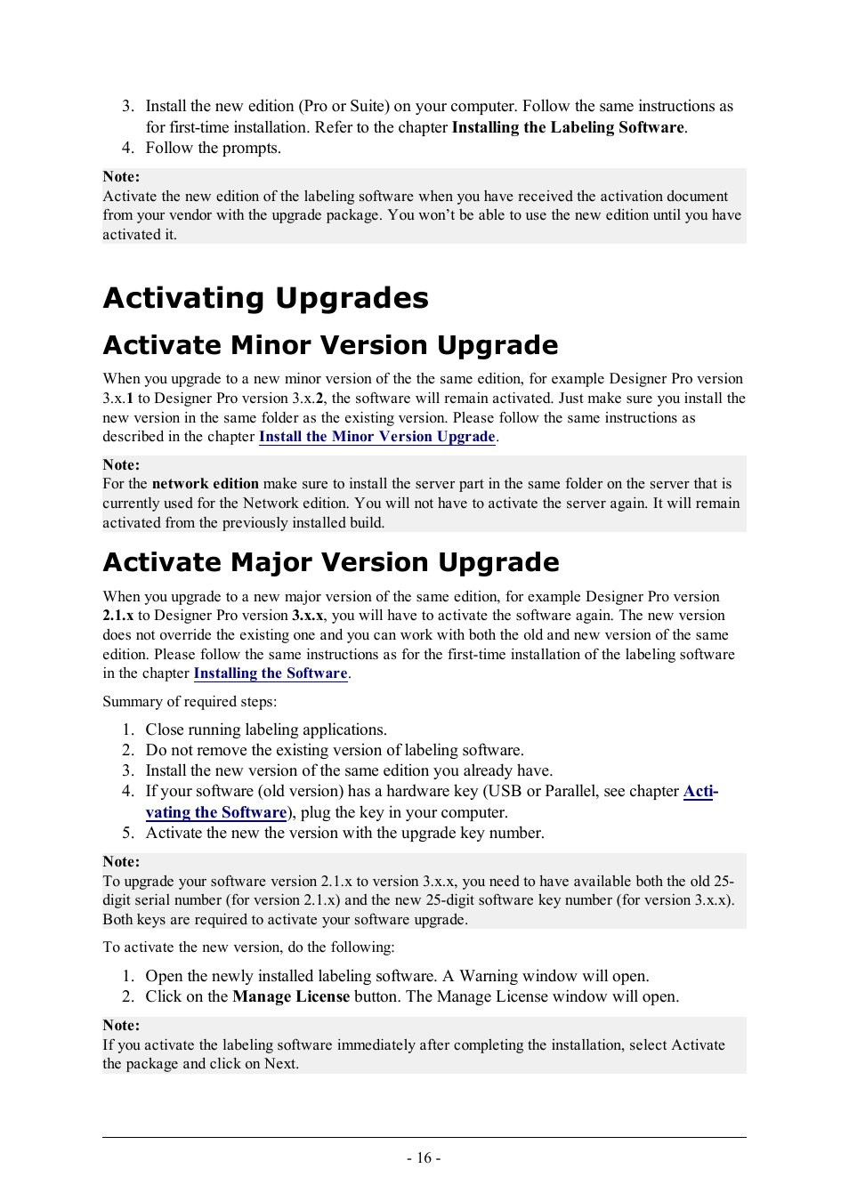 Activating upgrades, Activate minor version upgrade, Activate major version upgrade | QuickLabel Designer Express User Manual | Page 16 / 93