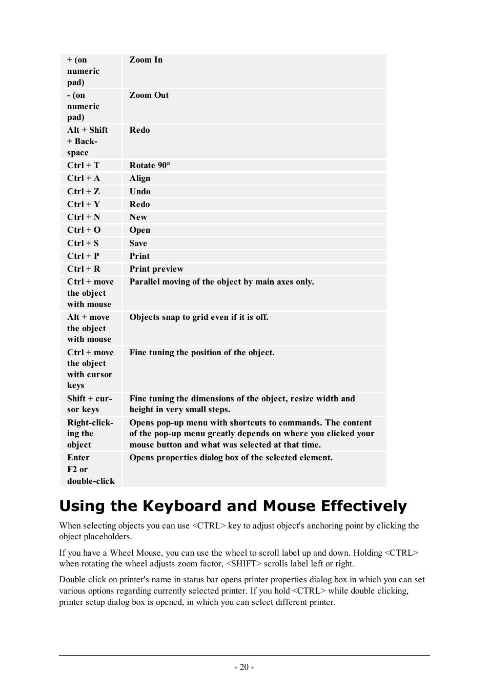 Using the keyboard and mouse effectively | QuickLabel Designer Express User Manual | Page 20 / 93