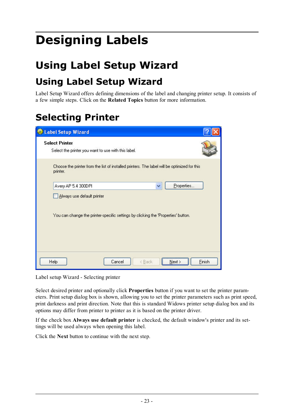 Designing labels, Using label setup wizard, Selecting printer | QuickLabel Designer Express User Manual | Page 23 / 93