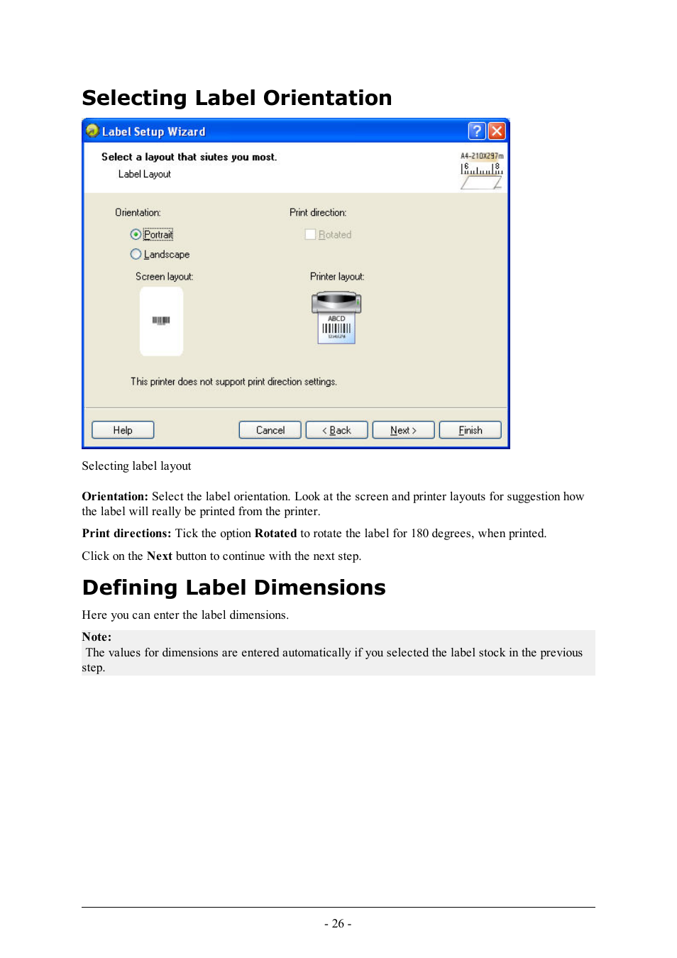 Selecting label orientation, Defining label dimensions | QuickLabel Designer Express User Manual | Page 26 / 93