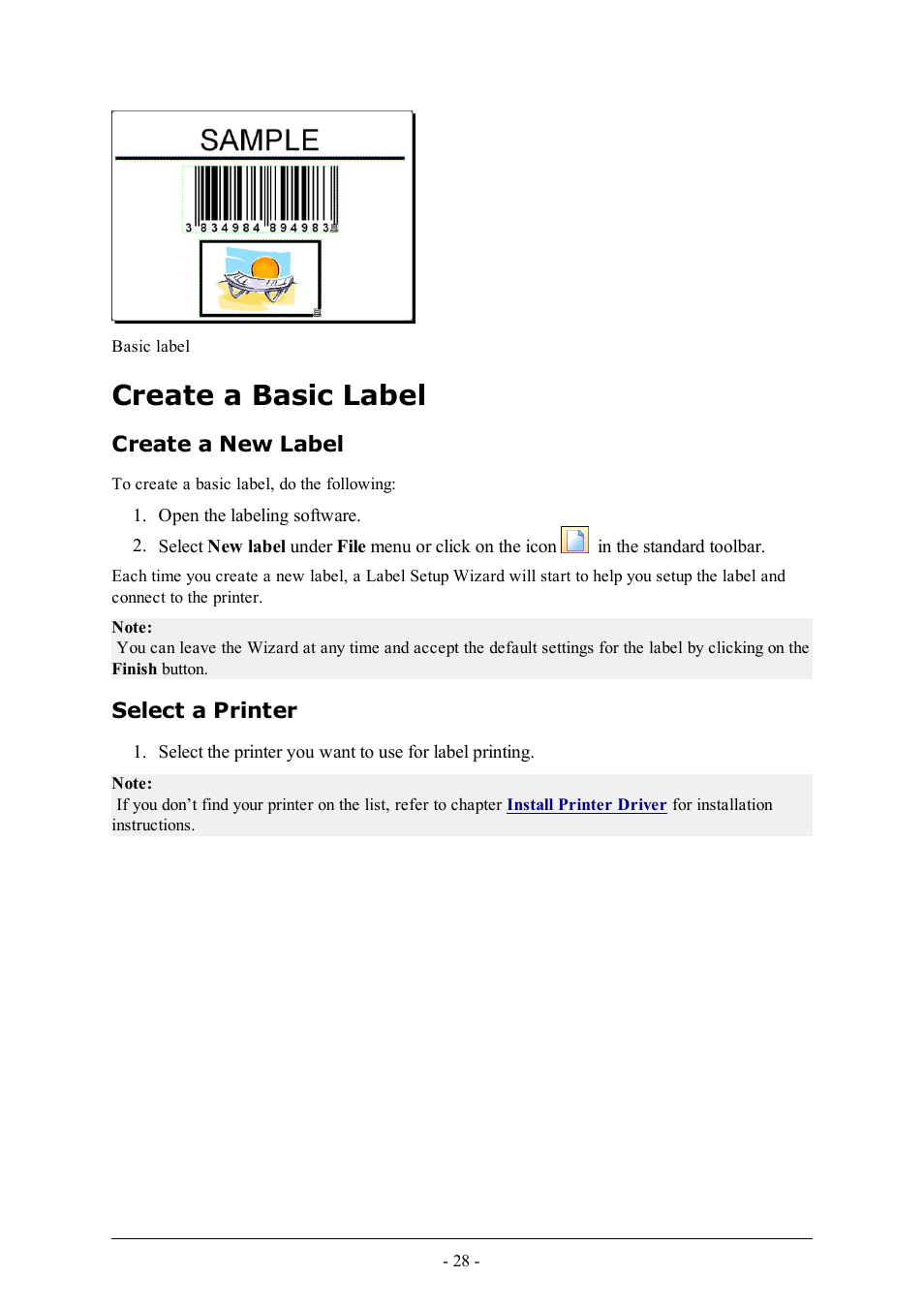 Create a basic label, Create a new label, Select a printer | QuickLabel Designer Express User Manual | Page 28 / 93