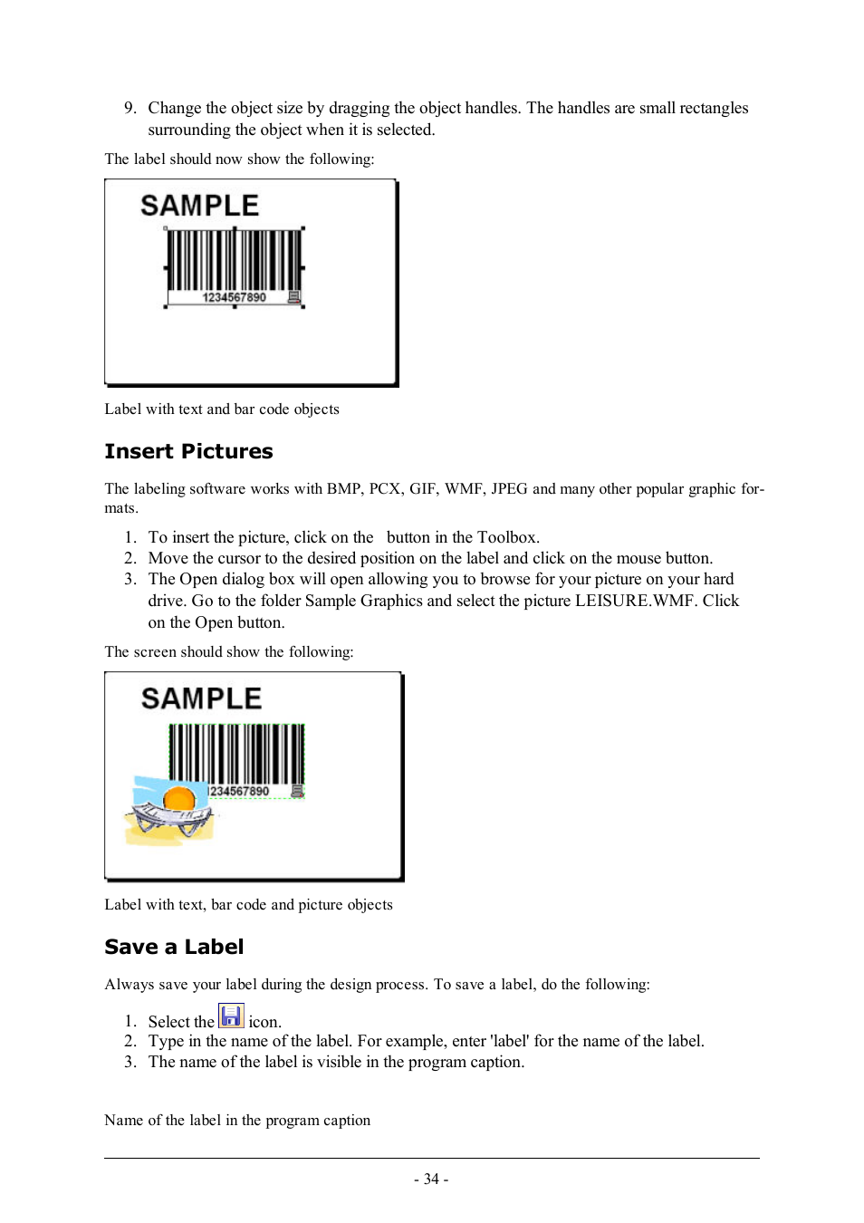 Insert pictures, Save a label | QuickLabel Designer Express User Manual | Page 34 / 93