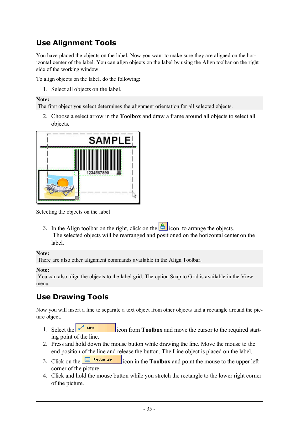 Use alignment tools, Use drawing tools | QuickLabel Designer Express User Manual | Page 35 / 93