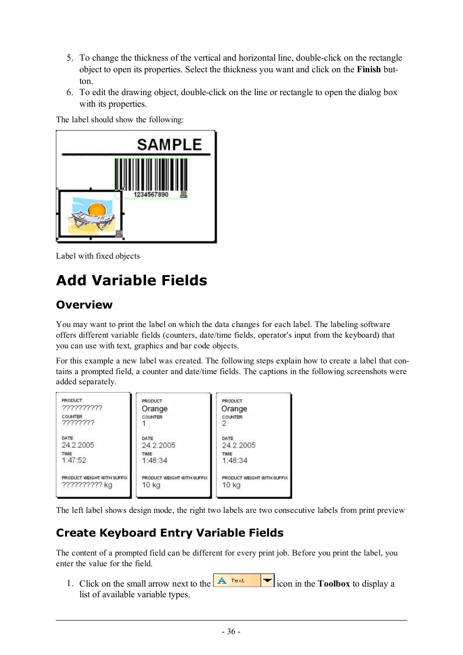 Add variable fields, Overview, Create keyboard entry variable fields | QuickLabel Designer Express User Manual | Page 36 / 93