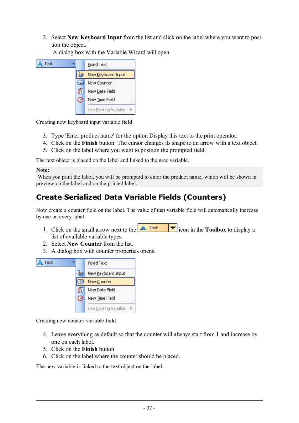 Create serialized data variable fields (counters) | QuickLabel Designer Express User Manual | Page 37 / 93