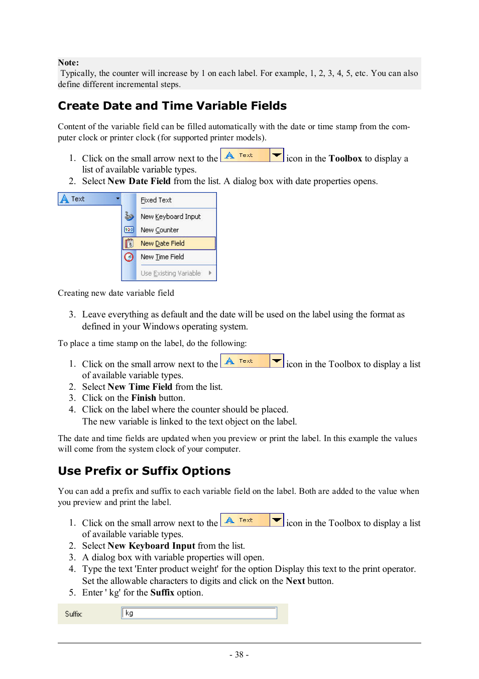 Create date and time variable fields, Use prefix or suffix options | QuickLabel Designer Express User Manual | Page 38 / 93