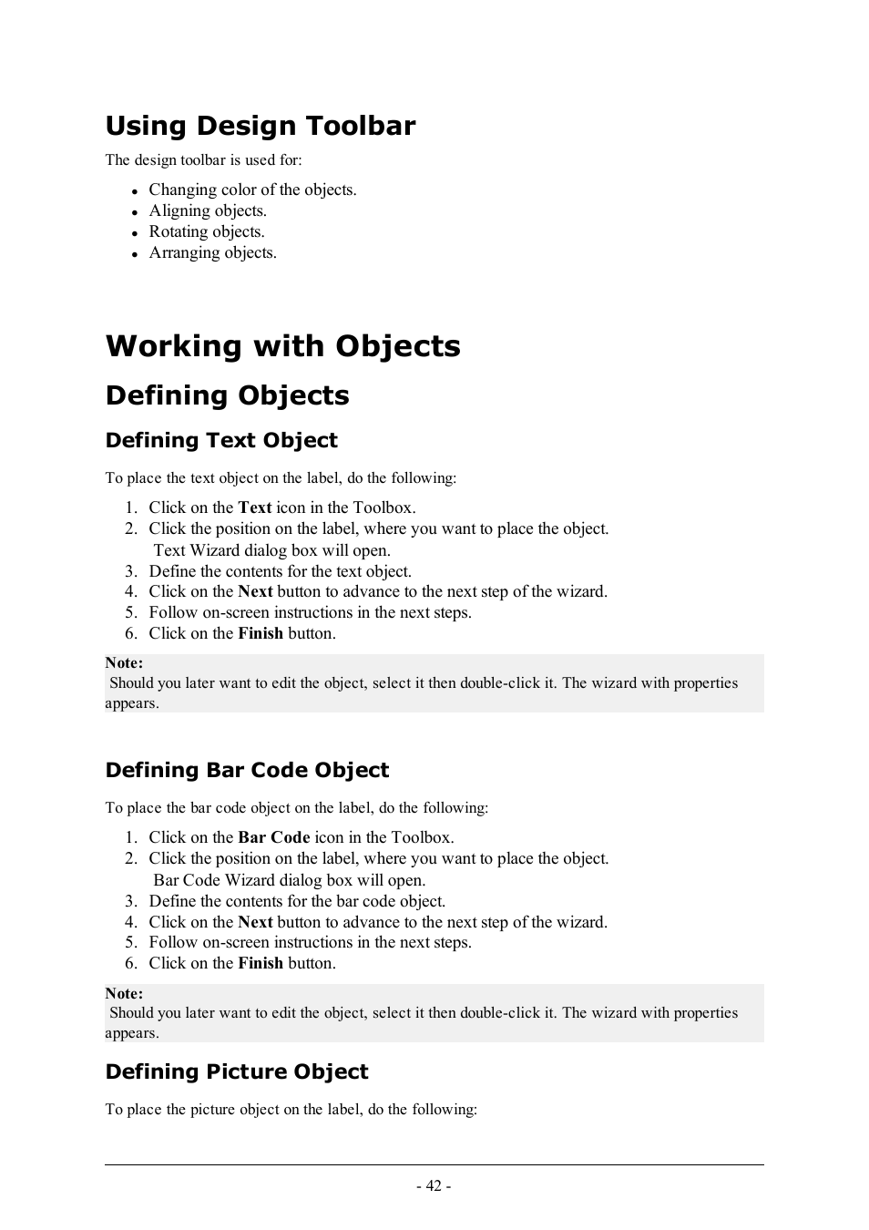 Using design toolbar, Working with objects, Defining objects | Defining text object, Defining bar code object, Defining picture object | QuickLabel Designer Express User Manual | Page 42 / 93
