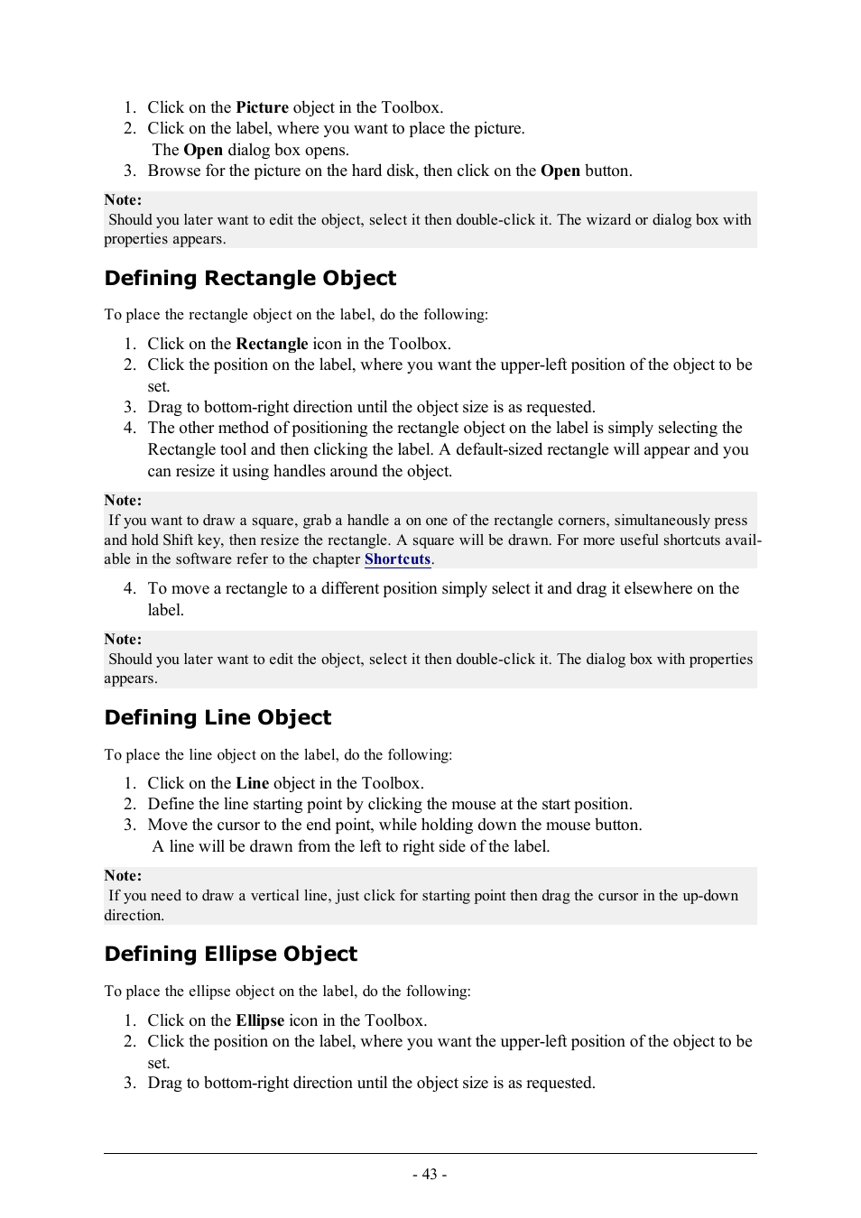 Defining rectangle object, Defining line object, Defining ellipse object | QuickLabel Designer Express User Manual | Page 43 / 93