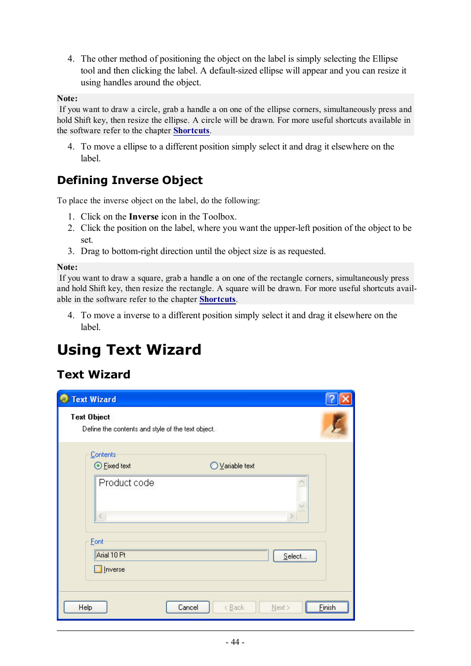 Defining inverse object, Using text wizard, Text wizard | QuickLabel Designer Express User Manual | Page 44 / 93