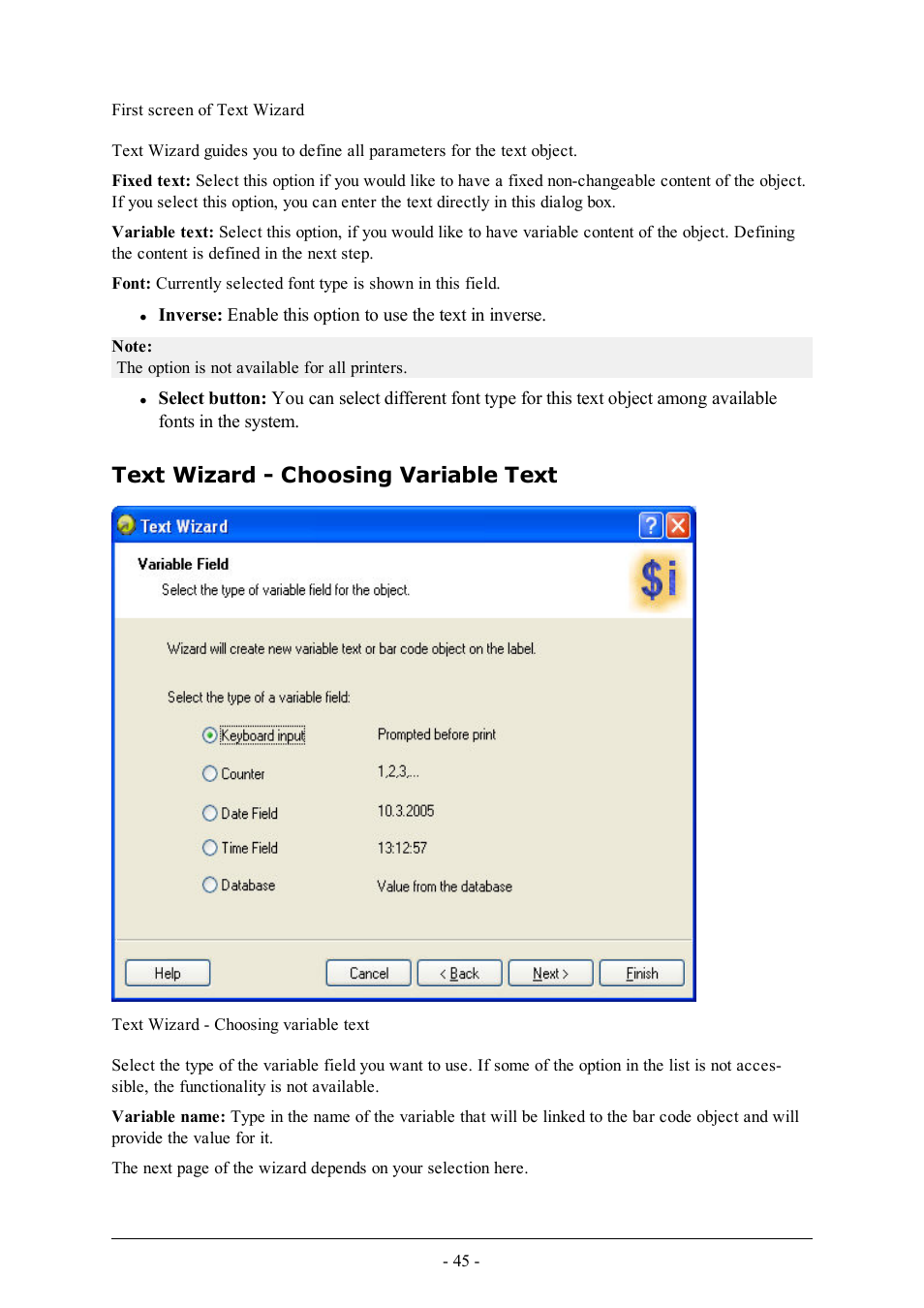 Text wizard - choosing variable text | QuickLabel Designer Express User Manual | Page 45 / 93