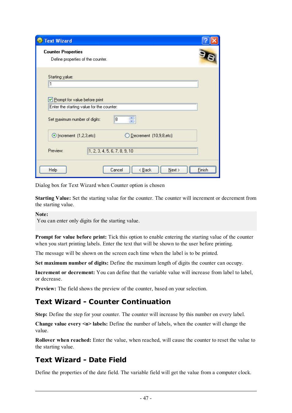 Text wizard - counter continuation, Text wizard - date field | QuickLabel Designer Express User Manual | Page 47 / 93