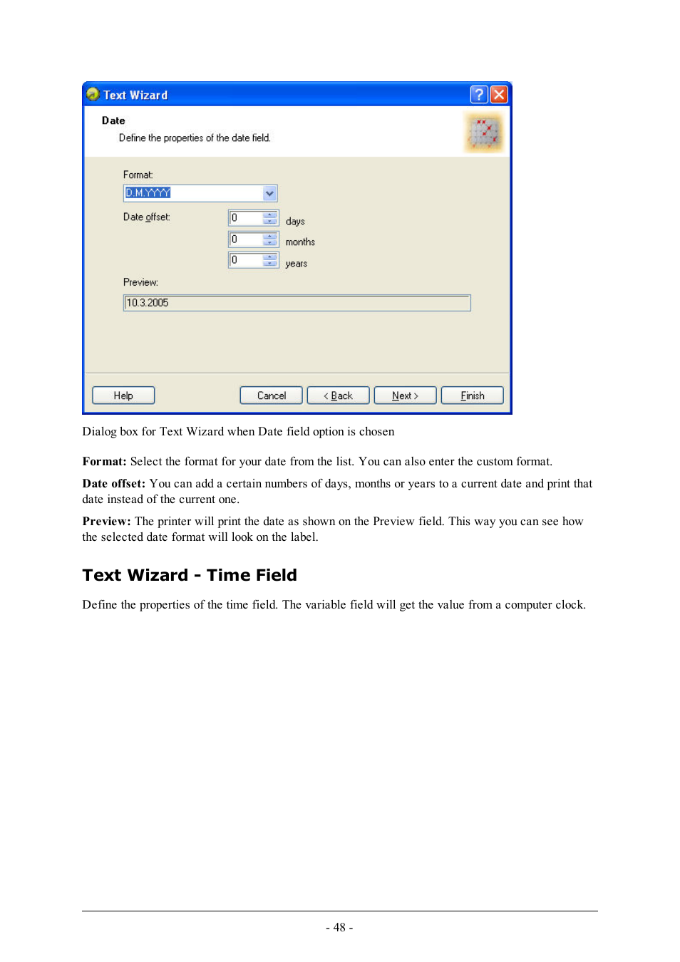 Text wizard - time field | QuickLabel Designer Express User Manual | Page 48 / 93