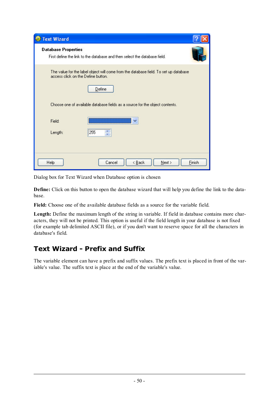 Text wizard - prefix and suffix | QuickLabel Designer Express User Manual | Page 50 / 93