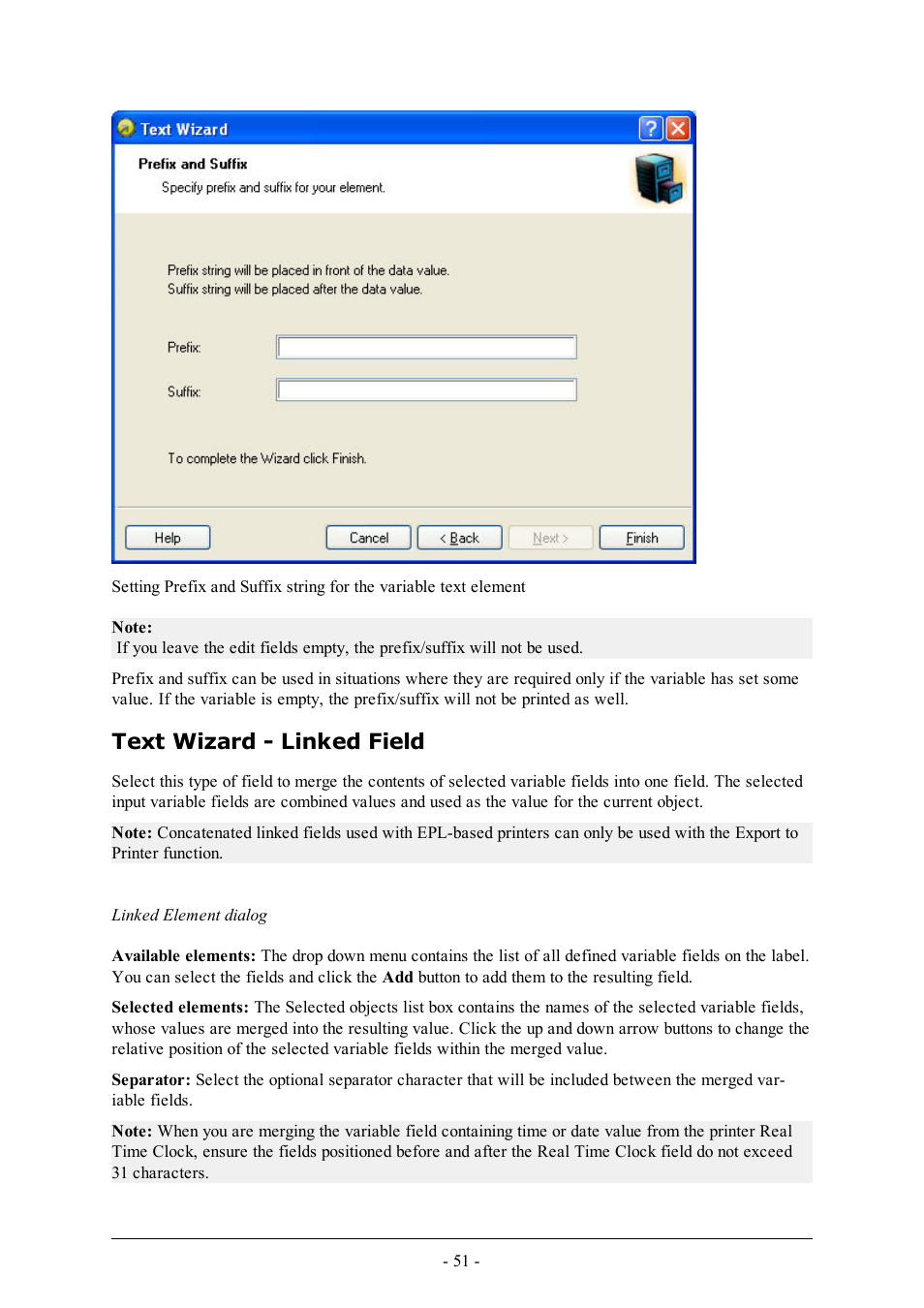 Text wizard - linked field | QuickLabel Designer Express User Manual | Page 51 / 93