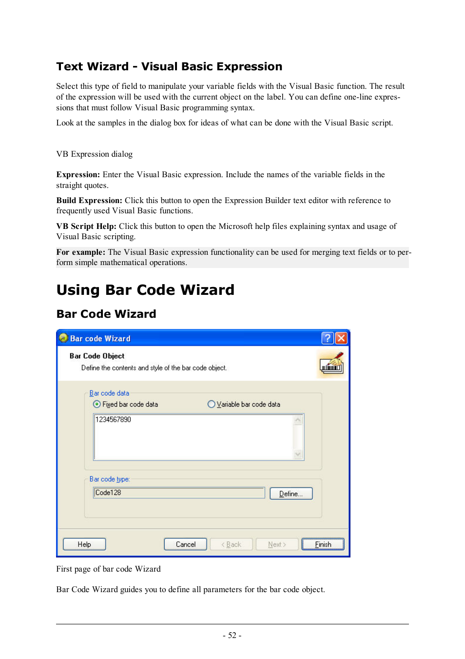 Text wizard - visual basic expression, Using bar code wizard, Bar code wizard | QuickLabel Designer Express User Manual | Page 52 / 93