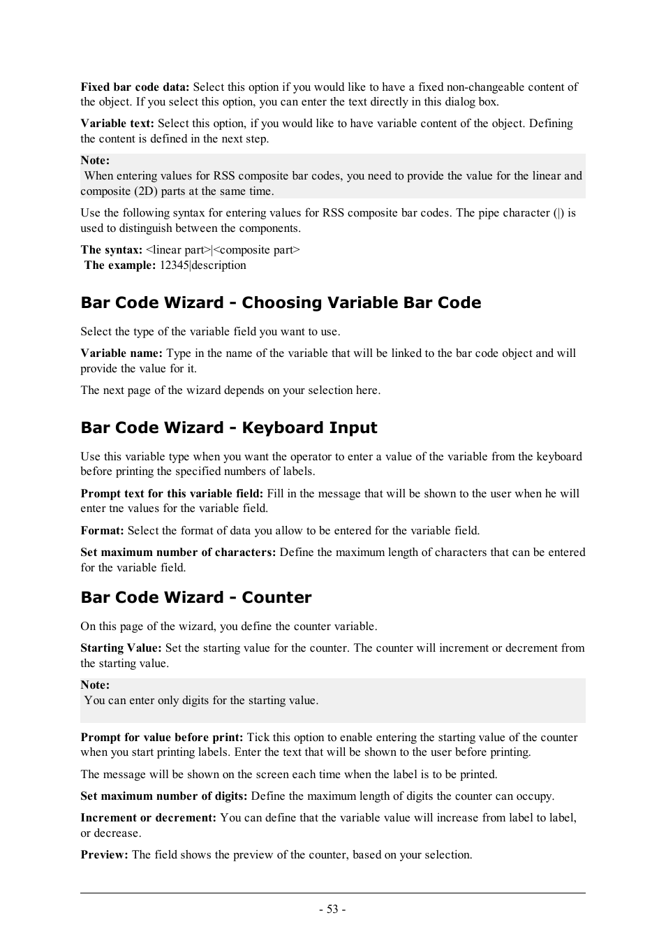Bar code wizard - choosing variable bar code, Bar code wizard - keyboard input, Bar code wizard - counter | QuickLabel Designer Express User Manual | Page 53 / 93