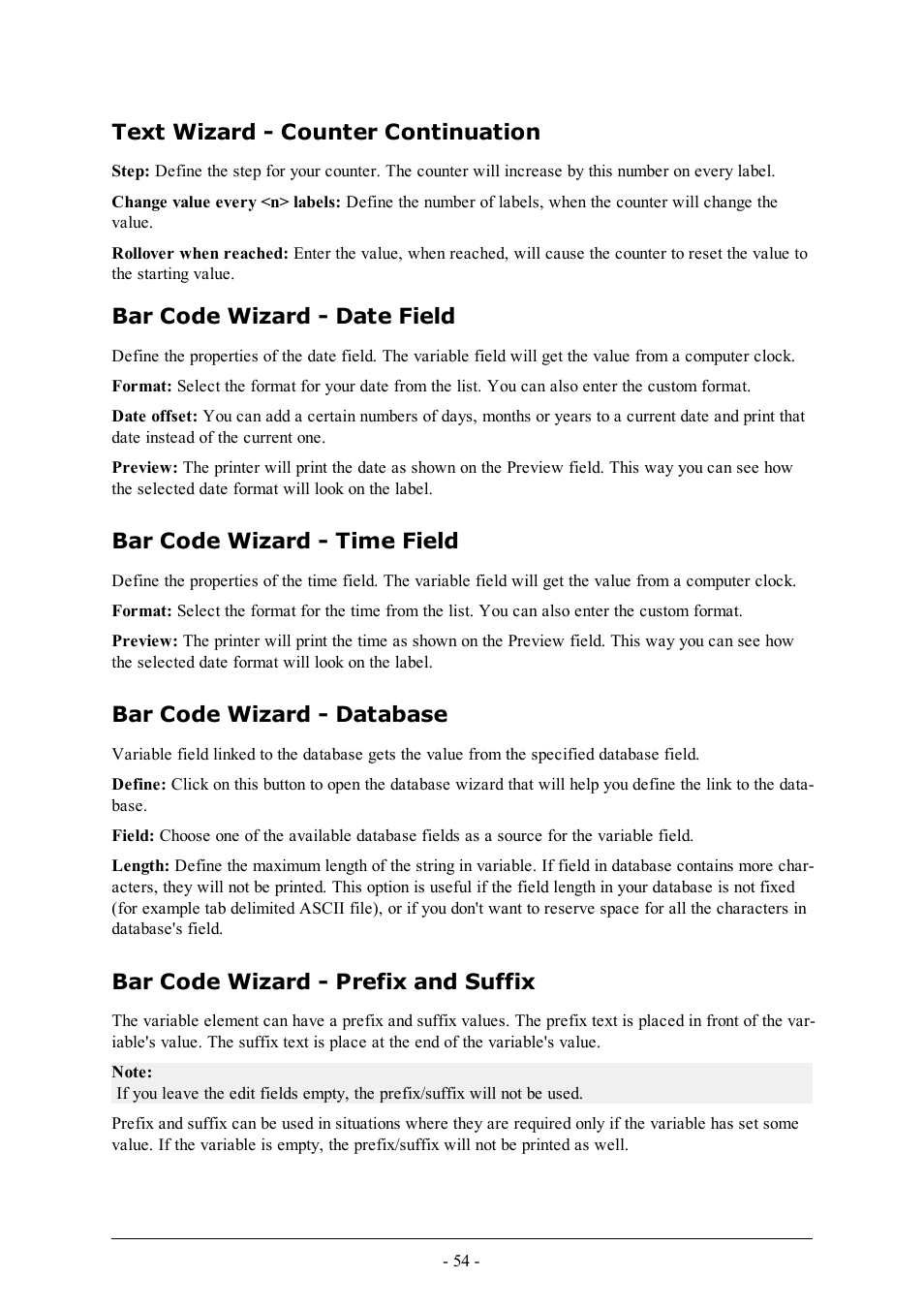 Text wizard - counter continuation, Bar code wizard - date field, Bar code wizard - time field | Bar code wizard - database, Bar code wizard - prefix and suffix | QuickLabel Designer Express User Manual | Page 54 / 93