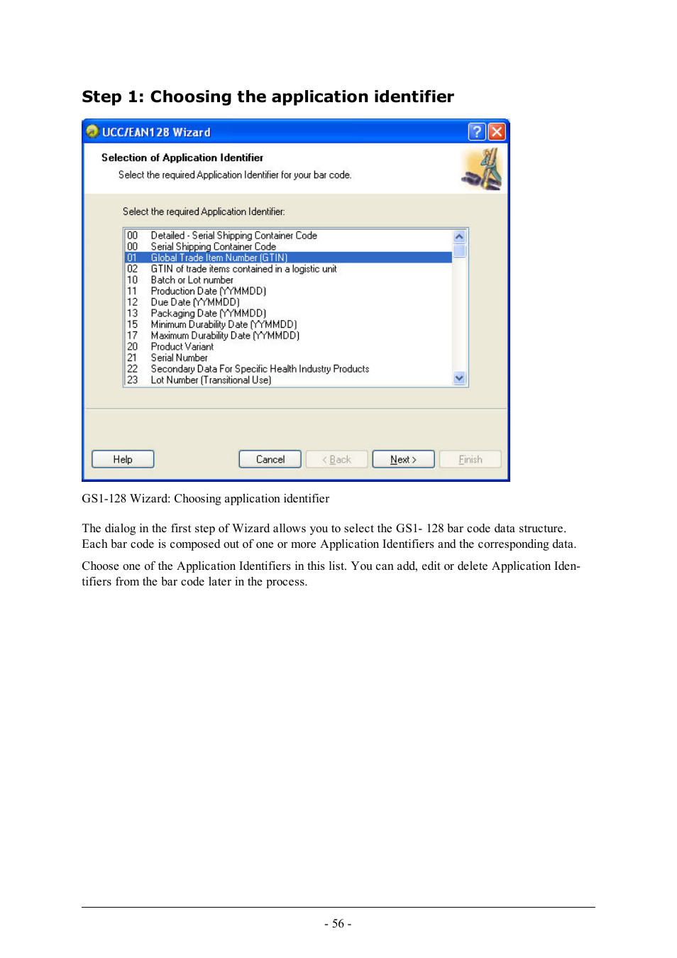 Step 1: choosing the application identifier | QuickLabel Designer Express User Manual | Page 56 / 93
