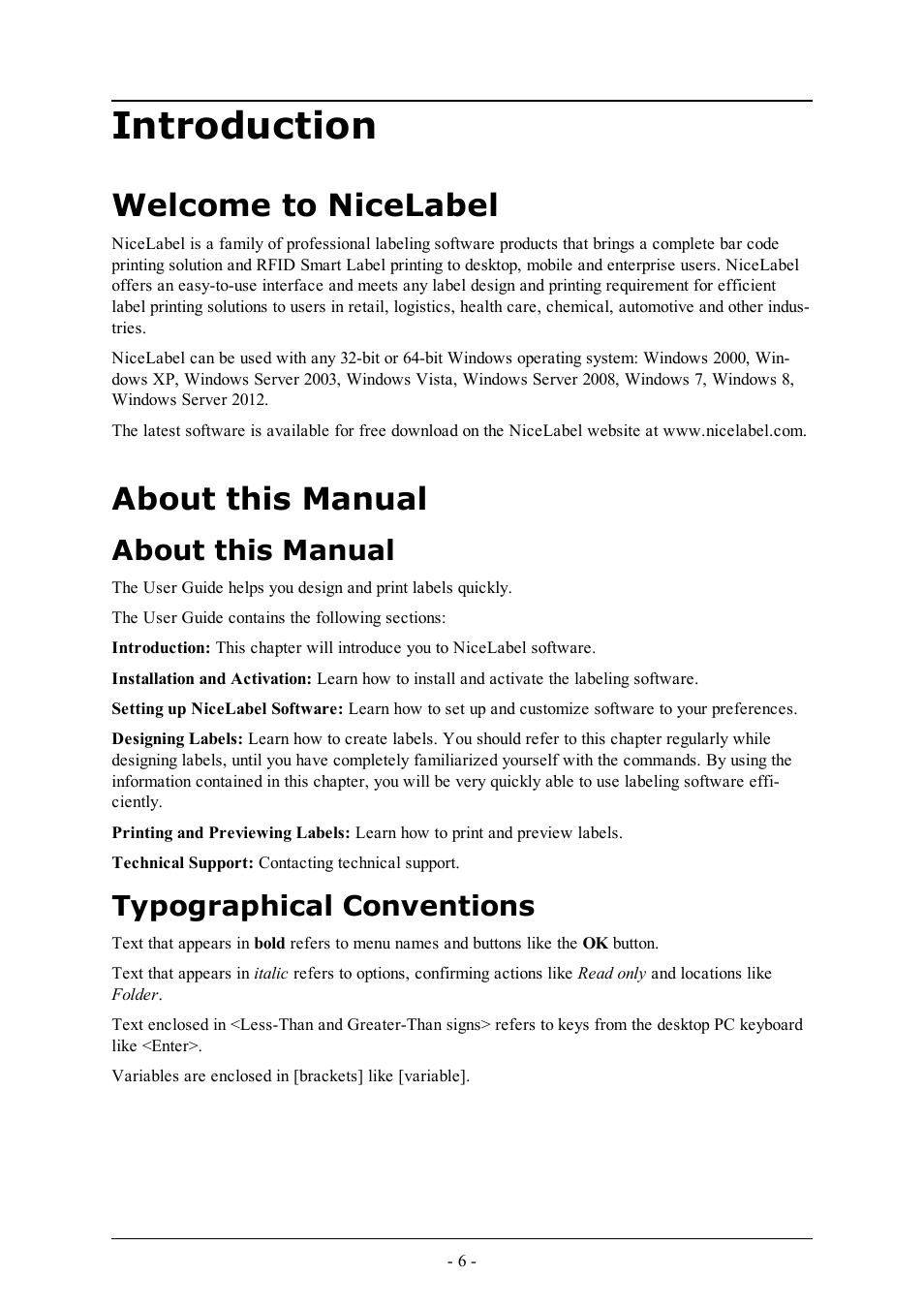 Introduction, Welcome to nicelabel, About this manual | Typographical conventions | QuickLabel Designer Express User Manual | Page 6 / 93