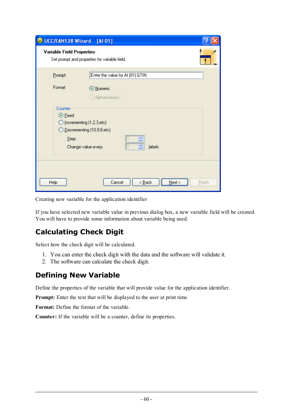 Calculating check digit, Defining new variable | QuickLabel Designer Express User Manual | Page 60 / 93