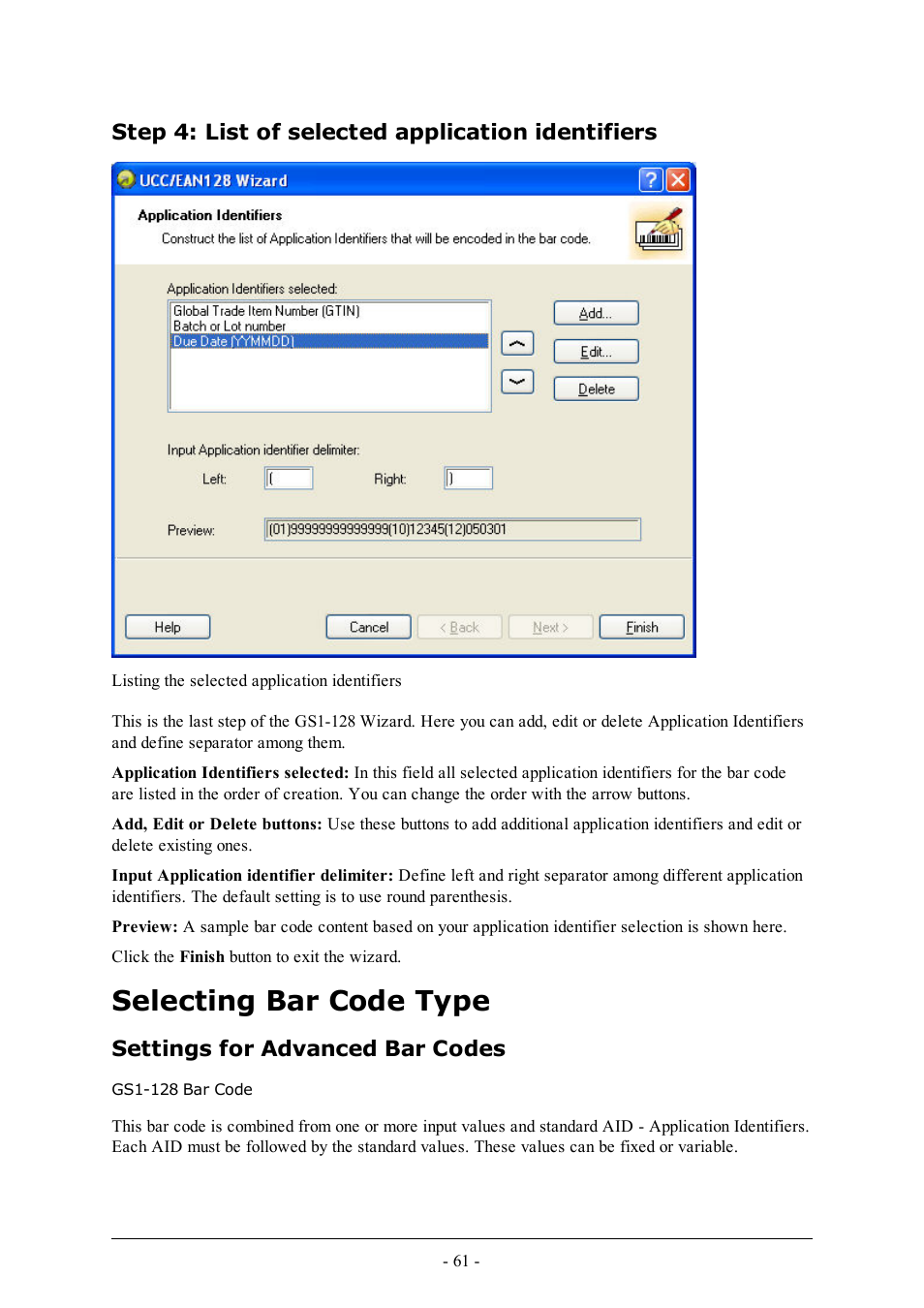 Step 4: list of selected application identifiers, Selecting bar code type, Settings for advanced bar codes | Gs1-128 bar code | QuickLabel Designer Express User Manual | Page 61 / 93