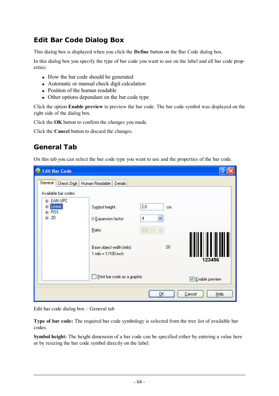 Edit bar code dialog box, General tab | QuickLabel Designer Express User Manual | Page 64 / 93