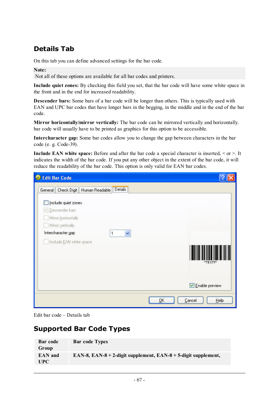 Details tab, Supported bar code types | QuickLabel Designer Express User Manual | Page 67 / 93