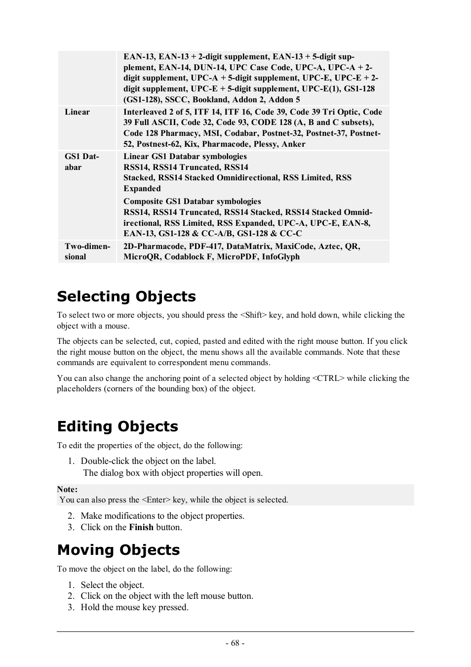 Selecting objects, Editing objects, Moving objects | QuickLabel Designer Express User Manual | Page 68 / 93