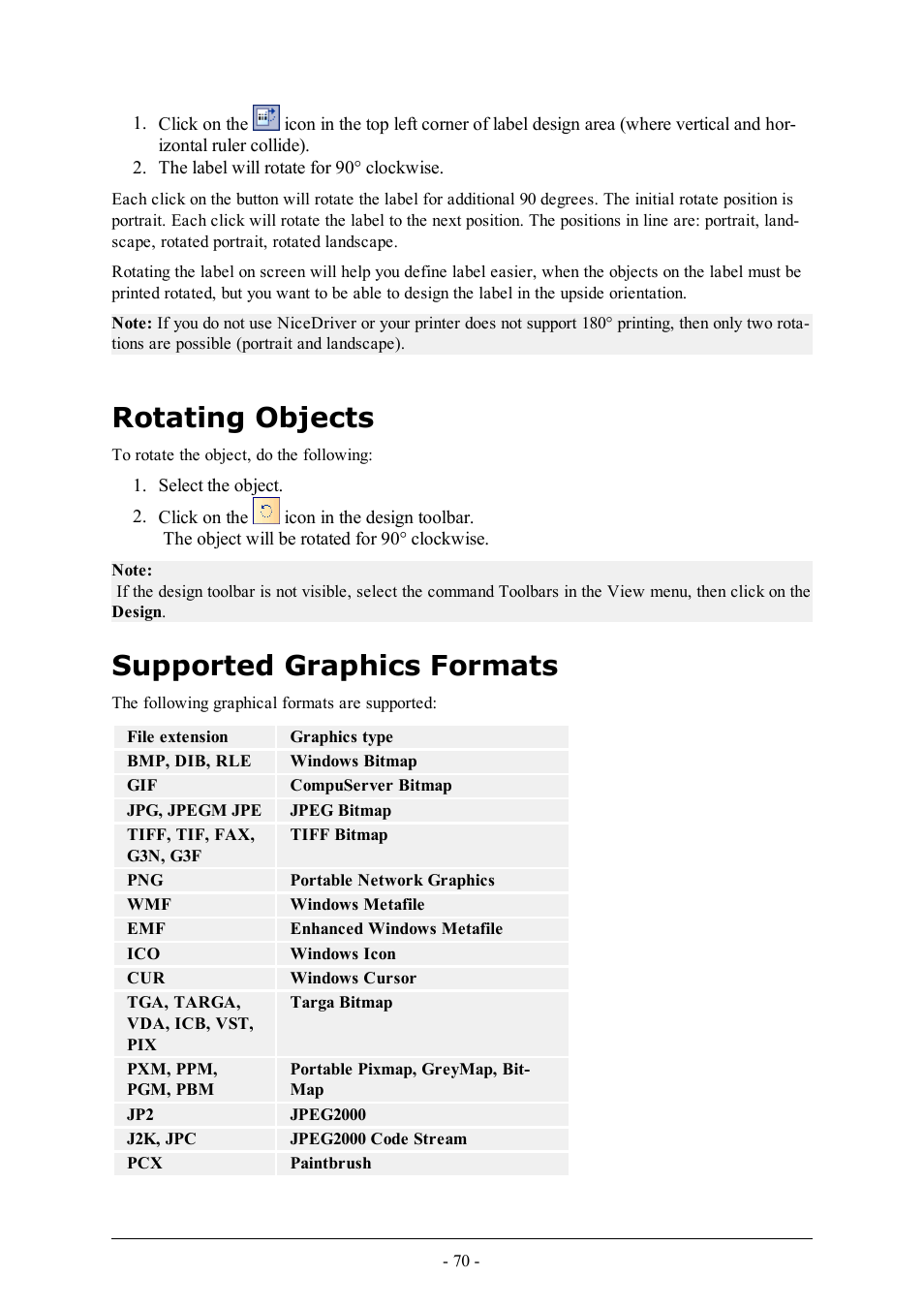 Rotating objects, Supported graphics formats | QuickLabel Designer Express User Manual | Page 70 / 93