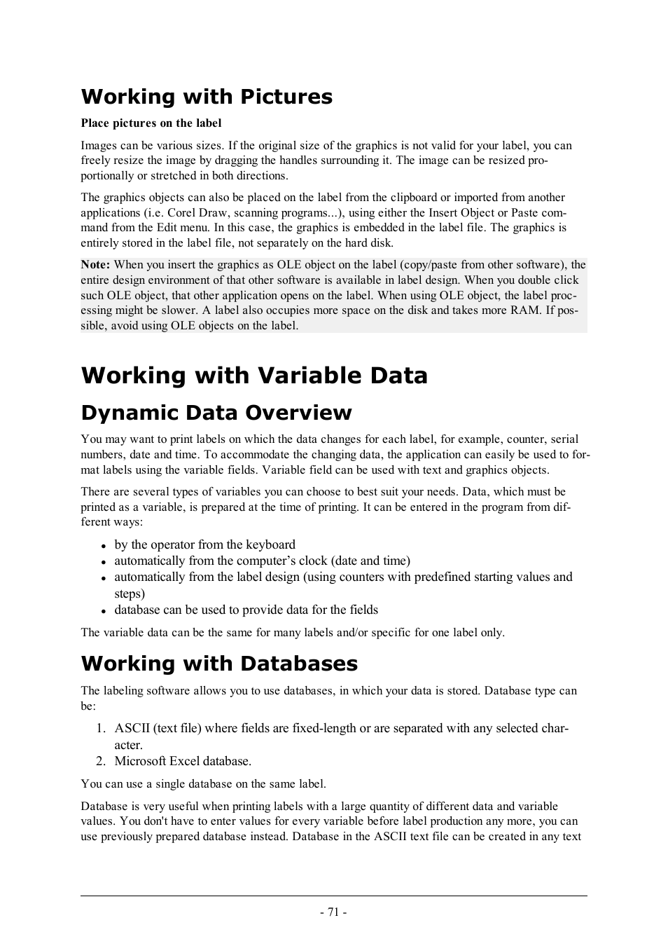 Working with pictures, Working with variable data, Dynamic data overview | Working with databases | QuickLabel Designer Express User Manual | Page 71 / 93