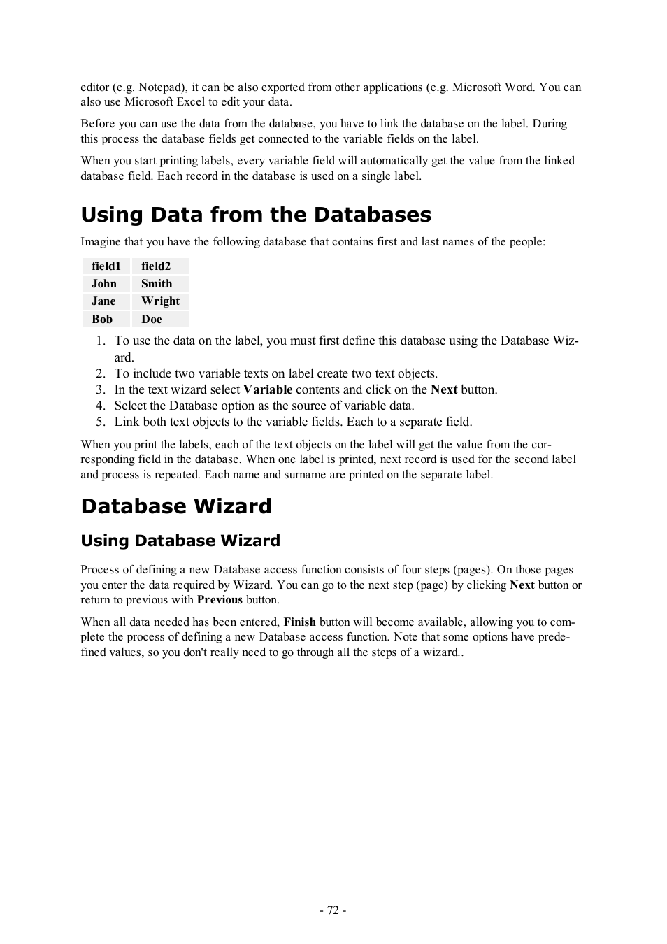Using data from the databases, Database wizard, Using database wizard | QuickLabel Designer Express User Manual | Page 72 / 93