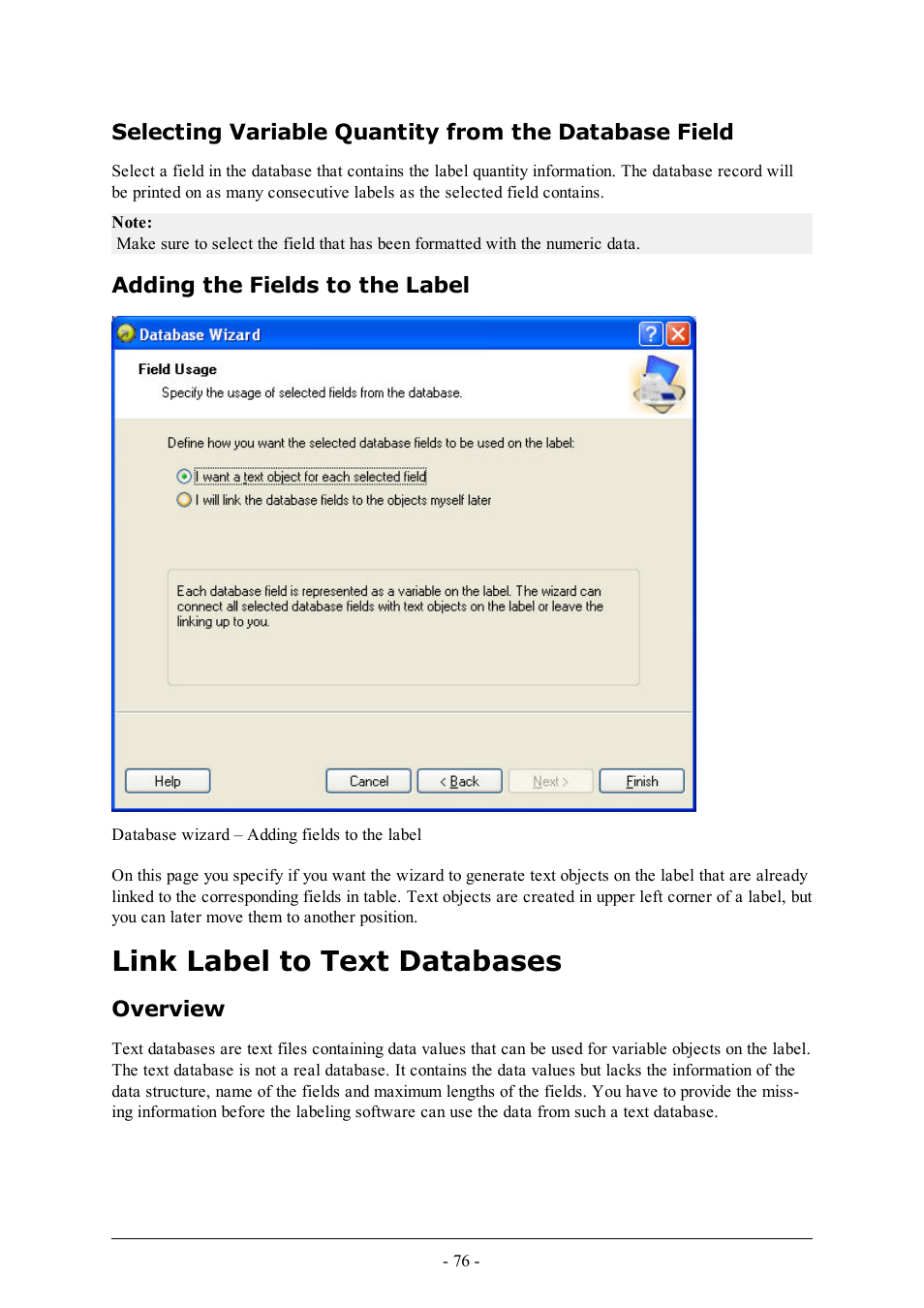 Adding the fields to the label, Link label to text databases, Overview | QuickLabel Designer Express User Manual | Page 76 / 93
