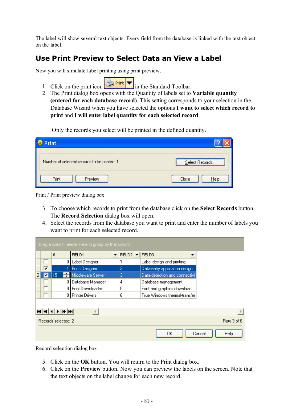 Use print preview to select data an view a label | QuickLabel Designer Express User Manual | Page 81 / 93