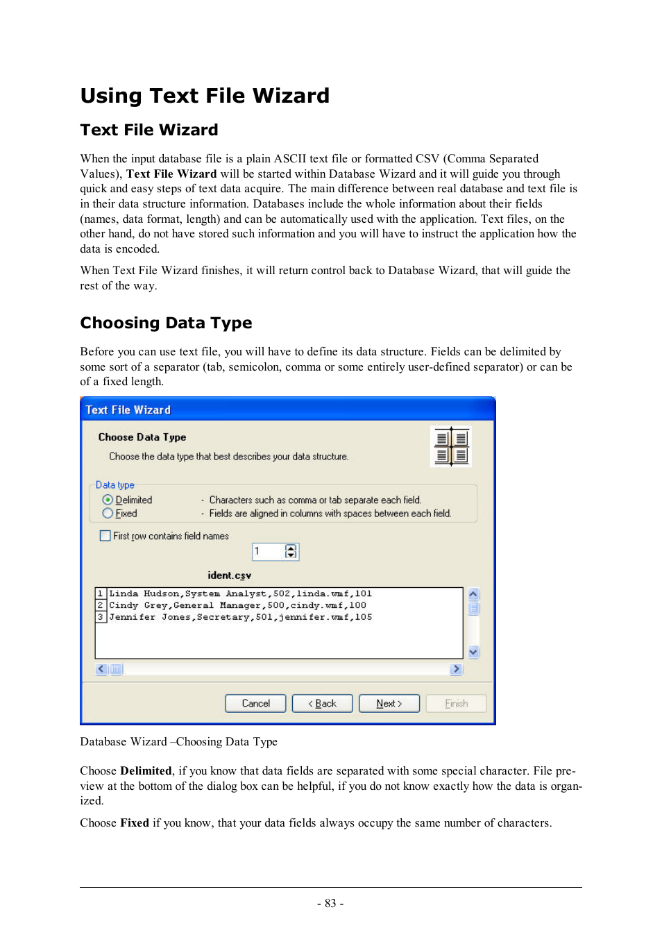 Using text file wizard, Text file wizard, Choosing data type | QuickLabel Designer Express User Manual | Page 83 / 93