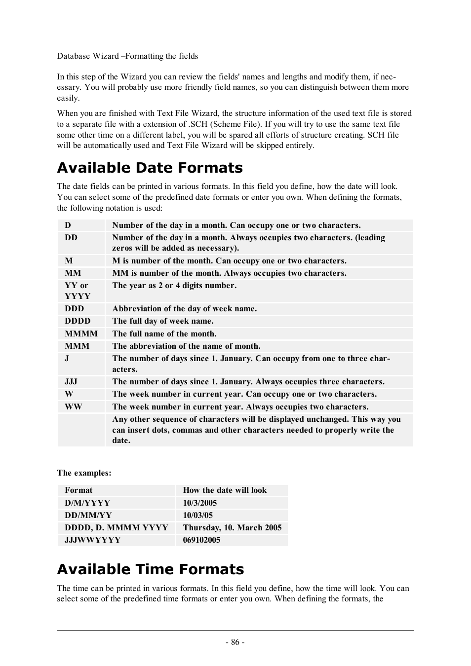 Available date formats, Available time formats | QuickLabel Designer Express User Manual | Page 86 / 93