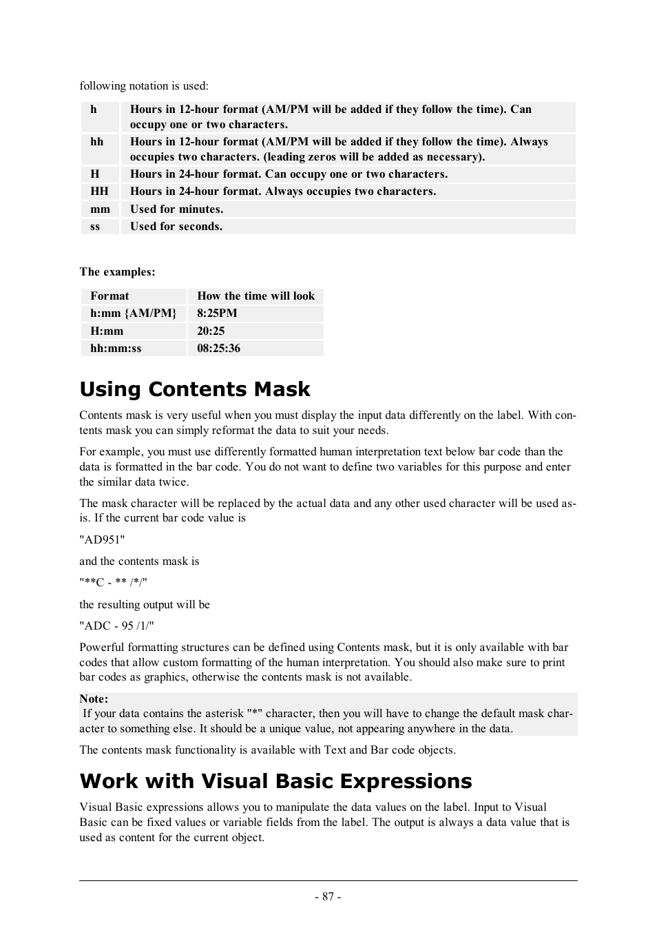 Using contents mask, Work with visual basic expressions | QuickLabel Designer Express User Manual | Page 87 / 93