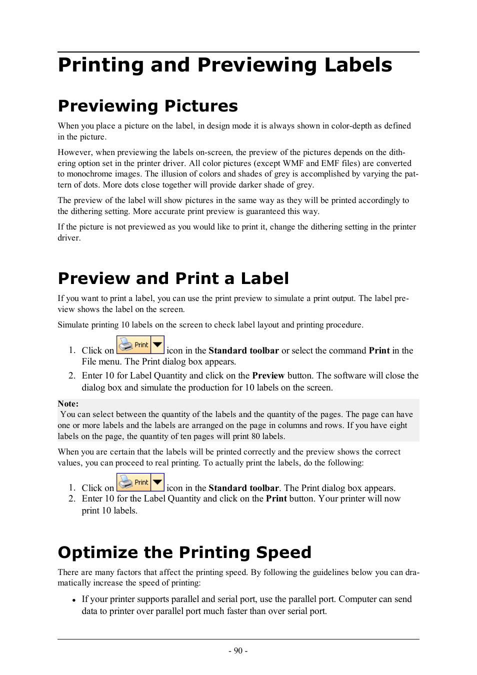 Printing and previewing labels, Previewing pictures, Preview and print a label | Optimize the printing speed | QuickLabel Designer Express User Manual | Page 90 / 93