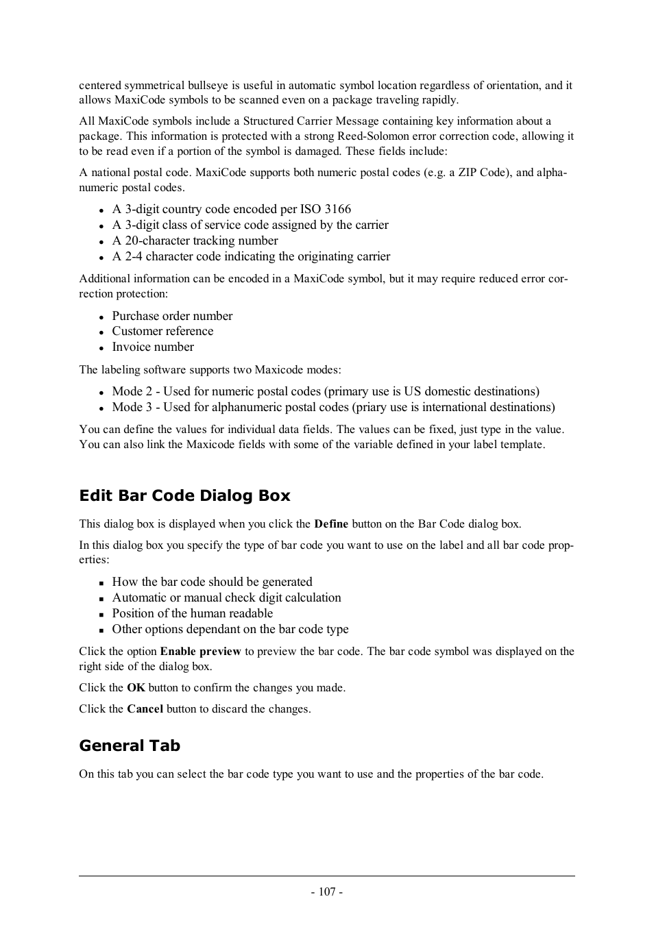 Edit bar code dialog box, General tab | QuickLabel Designer Pro User Manual | Page 107 / 194